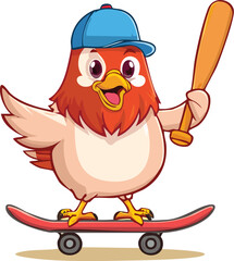 A cartoon illustration of a bird with a skateboard.