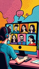 A vibrant illustration of a virtual meeting, showcasing diverse participants interacting through a computer screen, ideal for presentations on remote work or digital communication.