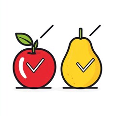 Obraz premium Cartoon apples and pears with checkmarks. Stock photo for healthy eating