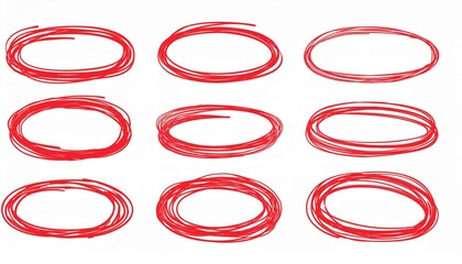 Hand drawn red highlight oval frame shape set. Doodle crayon pencil, marker brush stroke oval underline element pack. Hand drawn pencil stroke sketch marker perfect any project.