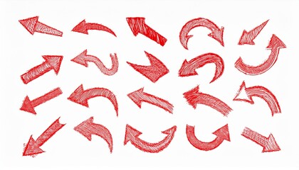 Arrow crayon brush doodle chalk red line stroke. Sketch pencil texture line scribble red arrow icon. Hand drawn grunge crayon brush sketch direction element set. perfect any project.