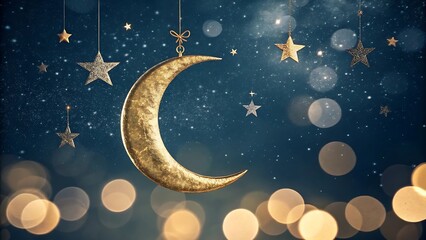 Fototapeta premium Golden crescent moon, stars hanging, bokeh background