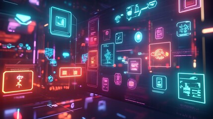 Futuristic digital interface where business owner dynamically adjusts customer relationship setting choosing various icon representing different service model holographic neon lit workspace conveys