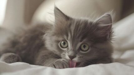 Fototapeta premium Adorable Grey Kitten Licking Paw On White Bedding