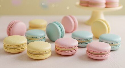 Fototapeta premium Pastel Macarons Assortment Colorful French Dessert Delicious Treat Sweet Confection