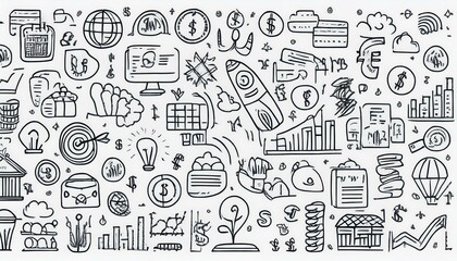 Obraz premium Hand drawn doodle business, money icon set. Finance, startup marketing sketch drawn cute trendy line doodle icon. Business work, finance rocket, growth economic goal elements. perfect any project.