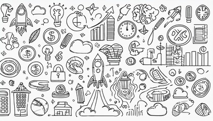 Hand drawn doodle business, money icon set. Finance, startup marketing sketch drawn cute trendy line doodle icon. Business work, finance rocket, growth economic goal elements. perfect any project.