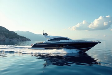 Sleek motor yacht gliding on calm Fira Bay waters, summer, ocean, reflection