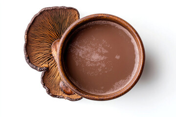 
Rich cocoa ,
energy drinks from reishi,beverage made in artisan pottery with decorative mushroom on a white background

