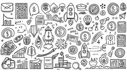 Hand drawn doodle business, money icon set. Finance, startup marketing sketch drawn cute trendy line doodle icon. Business work, finance rocket, growth economic goal elements. perfect any project.
