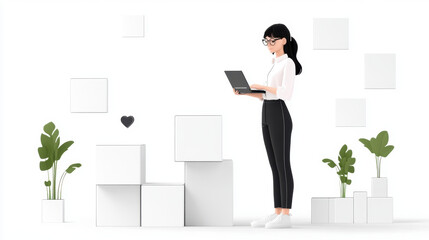 Fototapeta premium Minimalist 3D illustration of woman in black pants and white shirt working on laptop, surrounded by white cubes and green plants, with clean and modern aesthetic