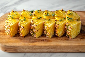 Deliciously fresh pineapple slices are arranged neatly on a rustic wooden board. The vibrant yellow fruit contrasts beautifully with the brown wood, promising a taste of summer