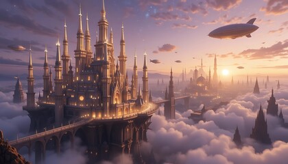 Fototapeta premium Fantastic Castle Above Clouds with Airships and Sunset Glow Scenery