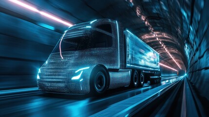 Futuristic Self-Driving Truck in a Tunnel