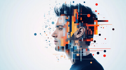 Obraz premium digital artwork of young man profile blends with abstract geometric shapes and pixelated elements, symbolizing fusion of technology and human consciousness in futuristic and conceptual style