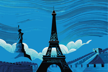 Create a vibrant vector background featuring iconic global landmarks like the Eiffel Tower, Taj Mahal, and Great Wall, stylized for a modern, travel-themed design.