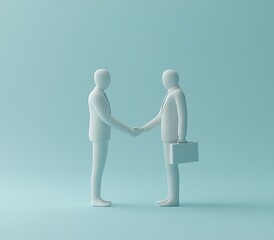 Dealmaking handshake, minimalist studio, blue background