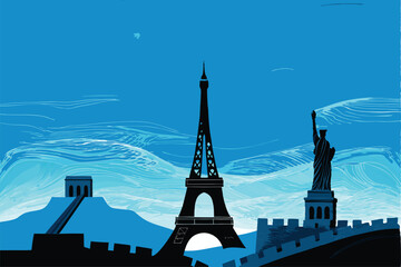 Create a vibrant vector background featuring iconic global landmarks like the Eiffel Tower, Taj Mahal, and Great Wall, rendered in a stylized, flat design.