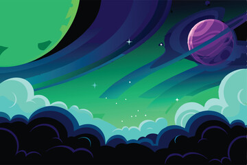 Create a vibrant vector illustration of a cosmic outer space background featuring multiple planets, stars, and nebulae.  Emphasize realistic textures and vibrant colors.