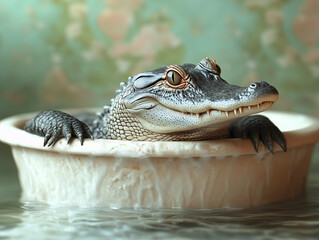 Fototapeta premium A huge, dangerous green crocodile lying in the bathtub. Problems of ecology and nature, concept. Generative Ai