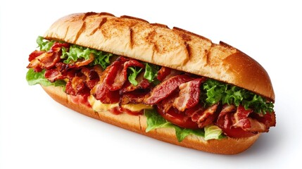 Delicious sandwich loaded with bacon, fresh lettuce, and vibrant toppings.