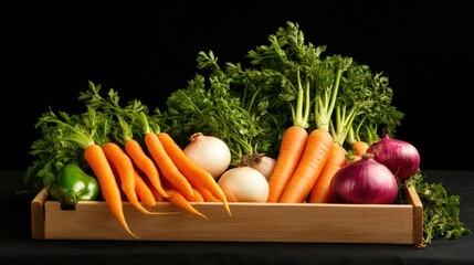 Fresh assorted vegetables in a wooden box on a dark background.