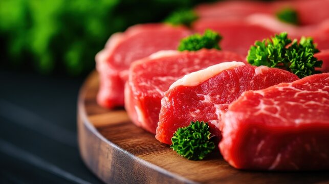 Fresh, raw beef steak slices garnished with parsley on a wooden cutting board.