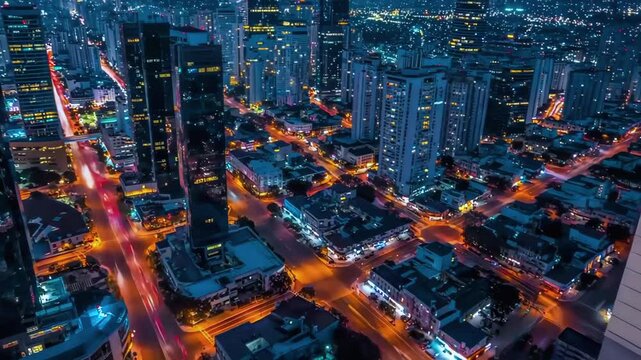 Aerial view of a futuristic cityscape at night with illuminated skyscrapers and glowing streets. Concept of urbanization and modern technology