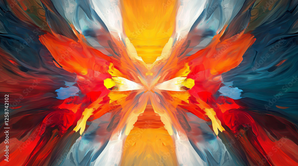 Aufkleber A symmetrical abstract artwork with bold primary shapes overlapping in dynamic motion