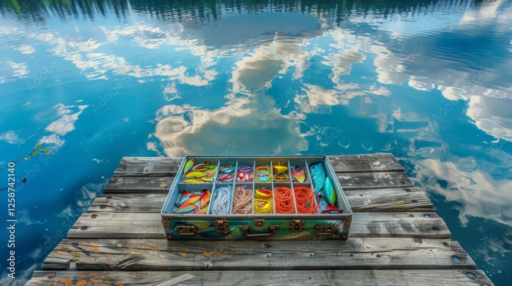 Poster a beautifully arranged tackle box filled with vibrant fishing lures sits on a rustic wooden dock. th