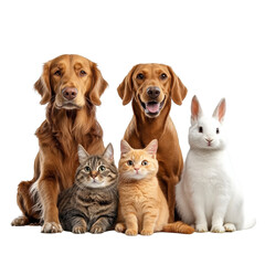 Group of pets: dogs, cats, rabbit, white background