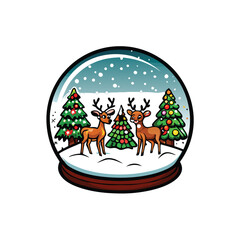 Create a charming vector illustration of a reindeer family frolicking in a snowy winter landscape.  Include detailed fur and glistening snow.