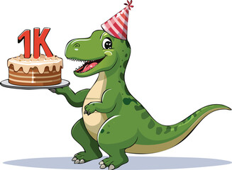 A happy dinosaur smiling with celebration cake...