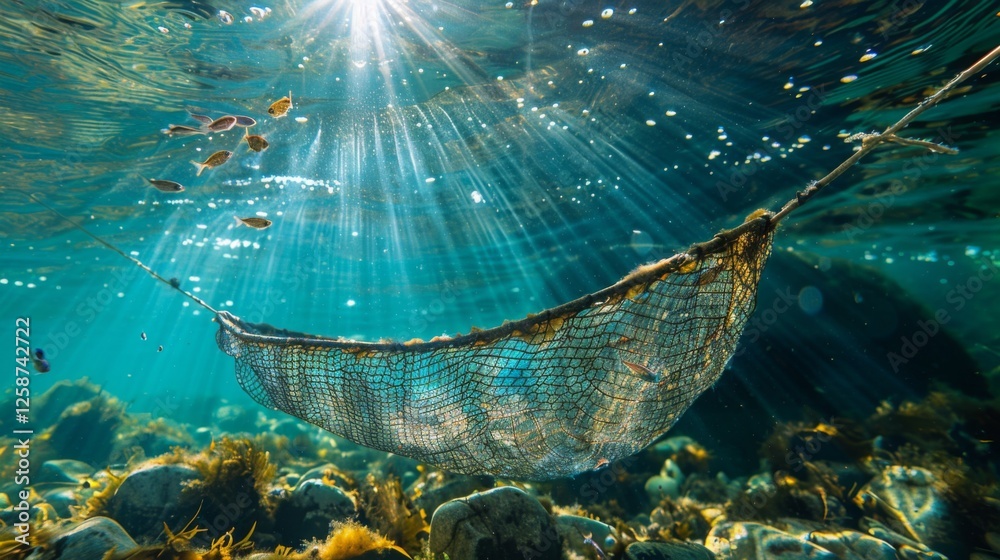 Poster a net suspended underwater captures small fish as sunlight filters through the water, illuminating a