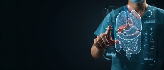 Doctor using futuristic holographic interface to examine virtual human organs. Advanced medical technology for diagnosis and treatment in healthcare