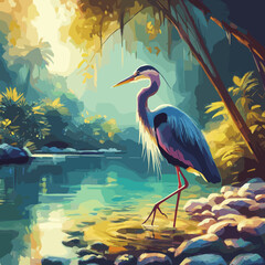 Naklejka premium Elegant heron standing in serene river surrounded by lush greenery and sunlight