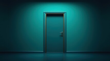Teal Door In Dark Room With Spotlight