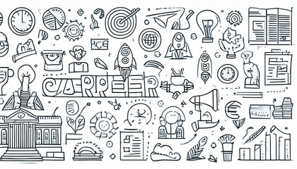 Fototapeta premium Doodle career icon set. Success winner, business goal, challenge hand drawn sketch line pen stroke style icon. Professional business career, goal sketch doodle drawn collection. perfect any project.