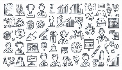 Doodle career icon set. Success winner, business goal, challenge hand drawn sketch line pen stroke style icon. Professional business career, goal sketch doodle drawn collection. perfect any project.