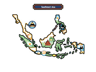 Create a vibrant vector map of Southeast Asia showcasing key cultural landmarks like Angkor Wat, Borobudur, and the Petronas Towers.  Include country borders and major cities.