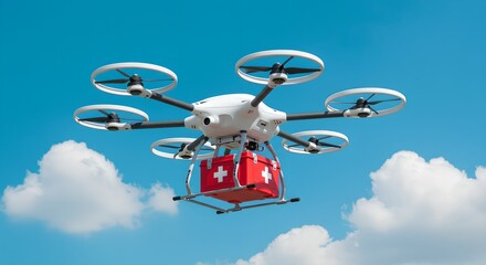 Medical drone carrying first aid kit flying in blue sky. Future of emergency healthcare delivery. Innovative technology for fast medical response in remote areas