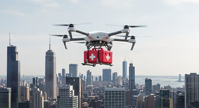 Drone carrying medical supplies over city skyline. Future of healthcare delivery. Innovative urban emergency response system using unmanned aerial vehicles for rapid medical aid.