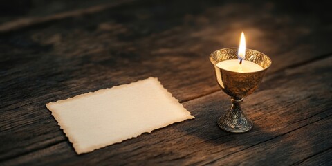 passover greeting card, a tranquil passover postcard template with a candle and elijahs cup, offering a warm setting left side open for a personal note