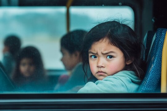 Child gazes thoughtfully from a bus, lost in her own world while traveling with friends