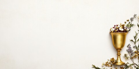 passover greeting card, passover postcard template with golden kiddush cup and floral motifs, leaving room for a personal message