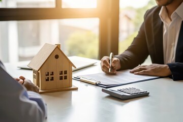 Business meeting with miniature house model and paperwork discussing real estate investment
