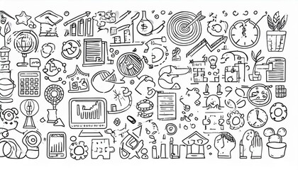 Obraz premium Hand drawn icon sketch business office career set. Doodle hand drawn business office target, finance group work, career teamwork strategy. Target, puzzle, chart element. perfect any project.