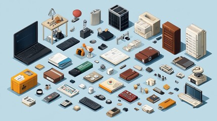 Fototapeta premium An isometric business icon element set featuring various symbols representing key business concepts. This set includes icons for strategy, finance, marketing, teamwork, growth