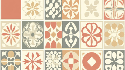 Ornamental tile pattern with intricate medallion and floral motifs in earthy tones of beige, terracotta, and gray, creating seamless vintage inspired decorative design