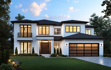 Modern Suburban House Dusk Exterior